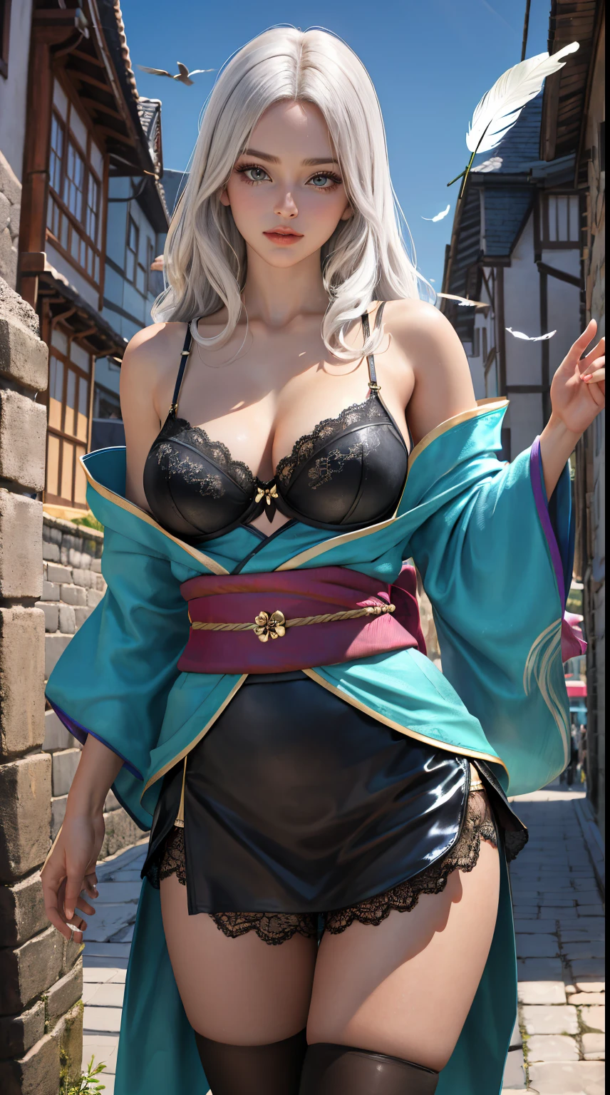 (masterpece:1.3), (photorealistic:1.3), (best quality:1.3), 8k, uhd, high resolution, 1girl, ((large breats)), best lighting, best shadow, looking at viewer, breasts focuss, best anatomy, dynamic pose, dynamic angle, pose, sexy, looking at viewer, (magic accessories:1.4), {{{silk|latex|lycra}|feathers}|lacy} {{shirt|{clothing:{kimono|bra}:0.7}}|{skirt|dress}}, neckline, (witchcraft:1.1), magic energy flows and sparkles, ((castle, stronghold) city, hills, village)