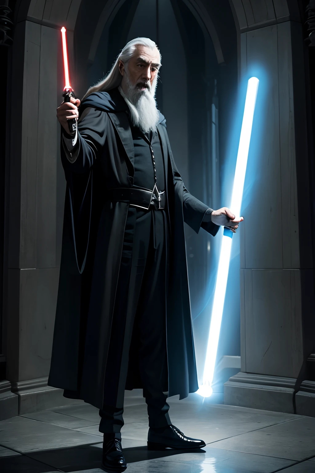 count dooku mixed with Dumbledore, full body with lightsaber