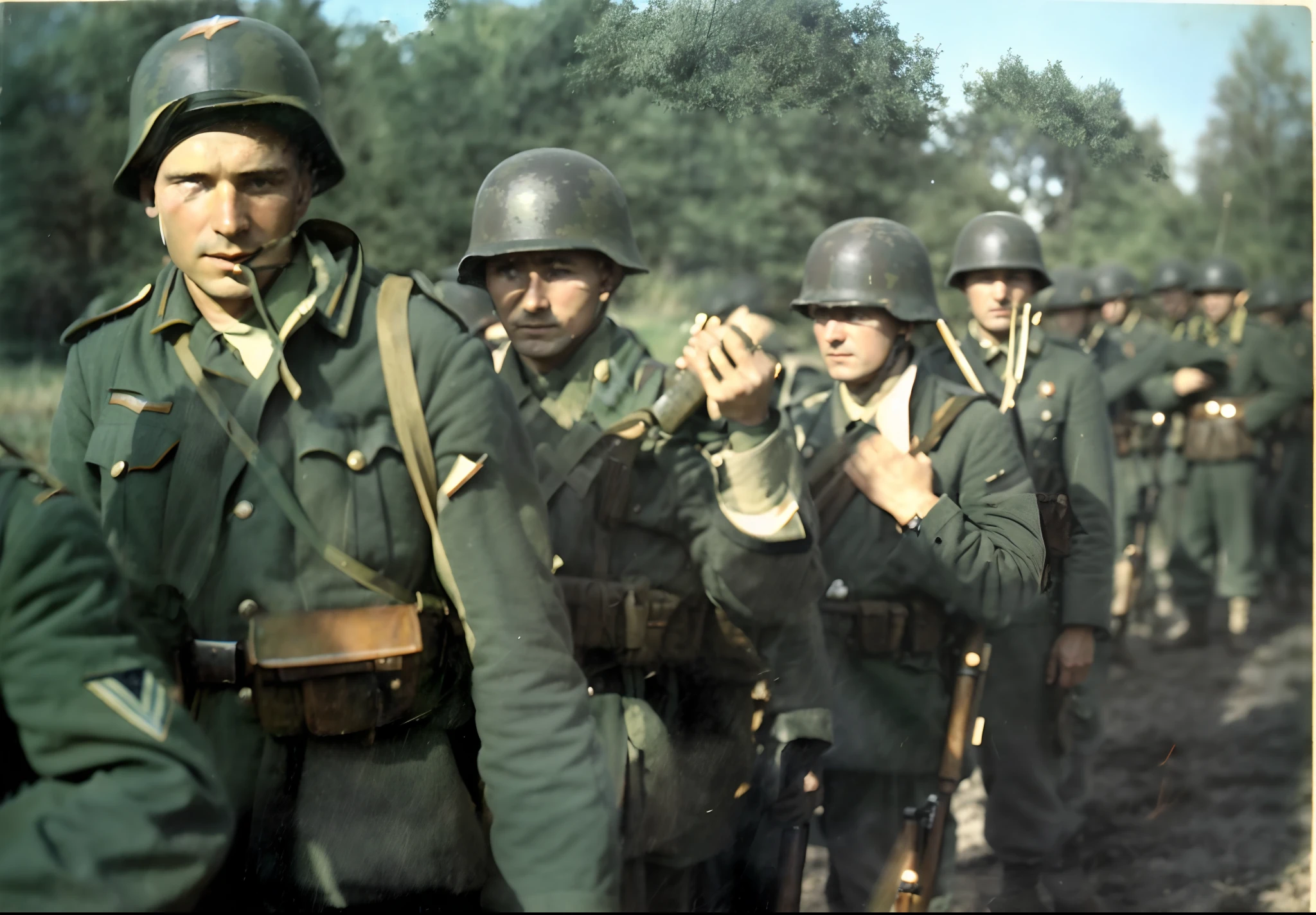 soldiers in uniform are standing in a line with their hands together, ww2 photo, german and soviet soldiers, ww2 historical photo, several soldiers, taken on a ww 2 camera, taken on a ww2 camera, war photo, ww 2 historical photography, ww2 historical photography, eastern front, ww2 era photograph, wartime footage, schutztruppe