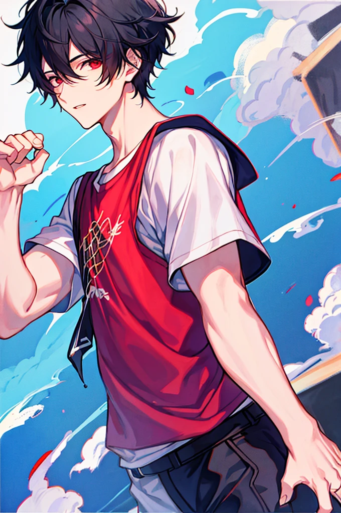 1 boy, handsome boy, black hair, comma hair, forehead comma hair, korean hair, Red eyes, T shirt, pink and blue splash, looking at viewer, upper body