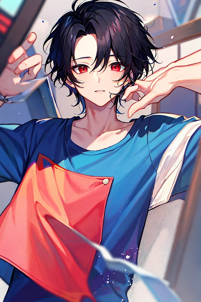 1 boy, handsome boy, black hair, comma hair, forehead comma hair, korean hair, Red eyes, T shirt, pink and blue splash, looking at viewer, upper body