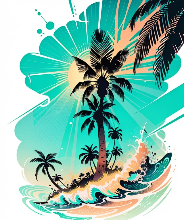 2d vector illustration, tshirt design for summers, palm trees, (surf: 1.1), (combi), sunrays, (best quality, masterpiece: 1.3), minimalist, (8 colors)