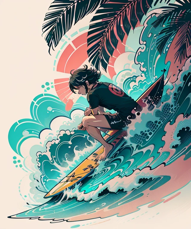 2d vector illustration, tshirt design for summers, palm trees, (surf: 1.1), (combi), sunrays, (best quality, masterpiece: 1.3), minimalist, (8 colors)