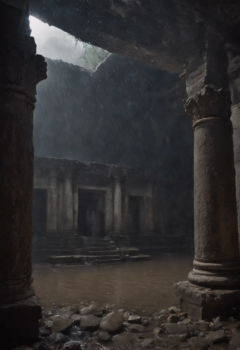 (Best quality, Masterpiece),( Dark sky, heavy rain, Inside an ancient abandoned temple, Low water level stagnant water, ), Realistic background, 2112, Light*_black_Particle,