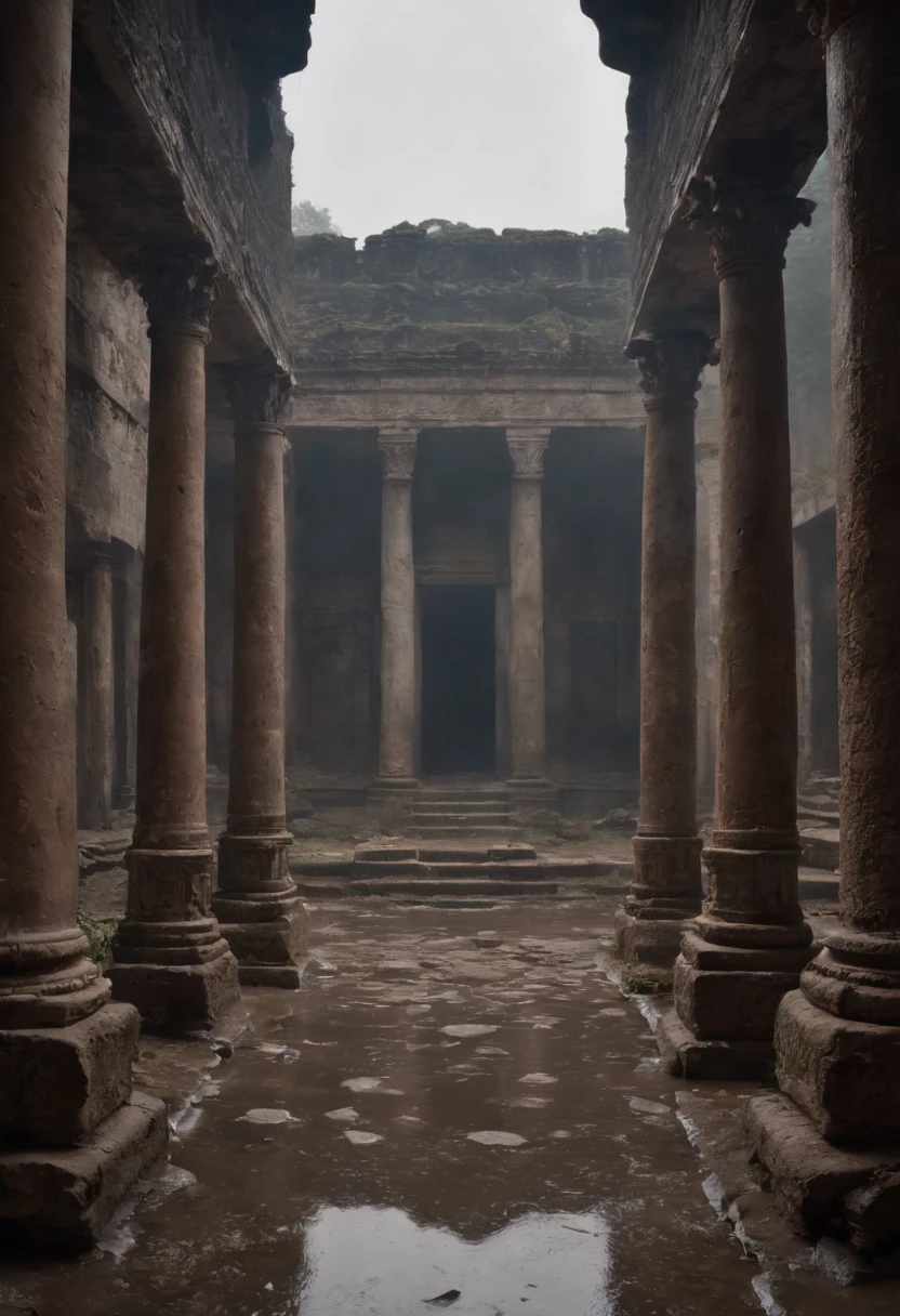 (Best quality, Masterpiece),( Dark sky, heavy rain, Inside an ancient abandoned temple, Low water level stagnant water, ), Realistic background, 2112, Light*_black_Particle,