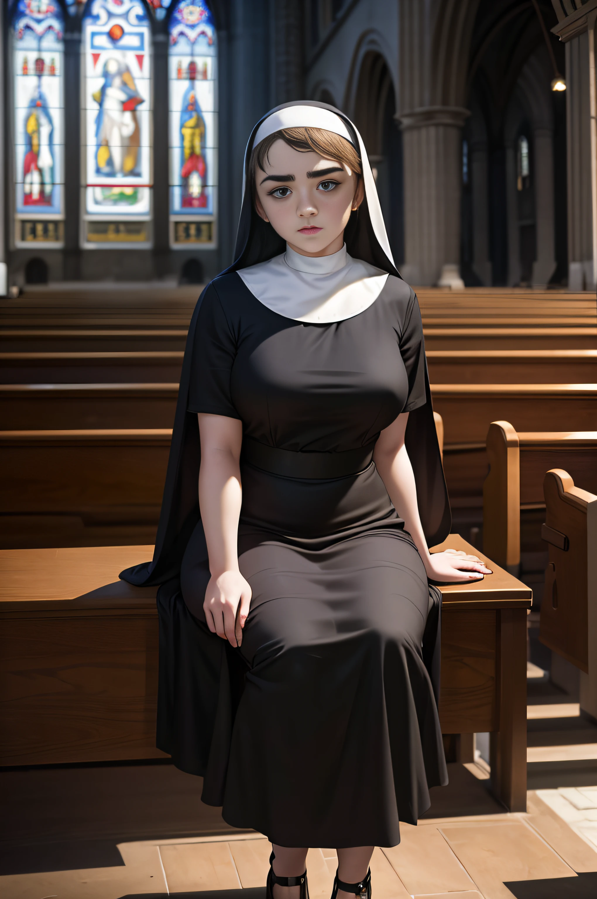 Maisie Williams, masterpiece quality, (masterpiece quality:1.5), realistic, inside catholic cathedral, church altar in background, church parishoners sitting on pews in background, wearing nun habit, wearing nun outfit, big breasts, sexy pose, tight outfit
