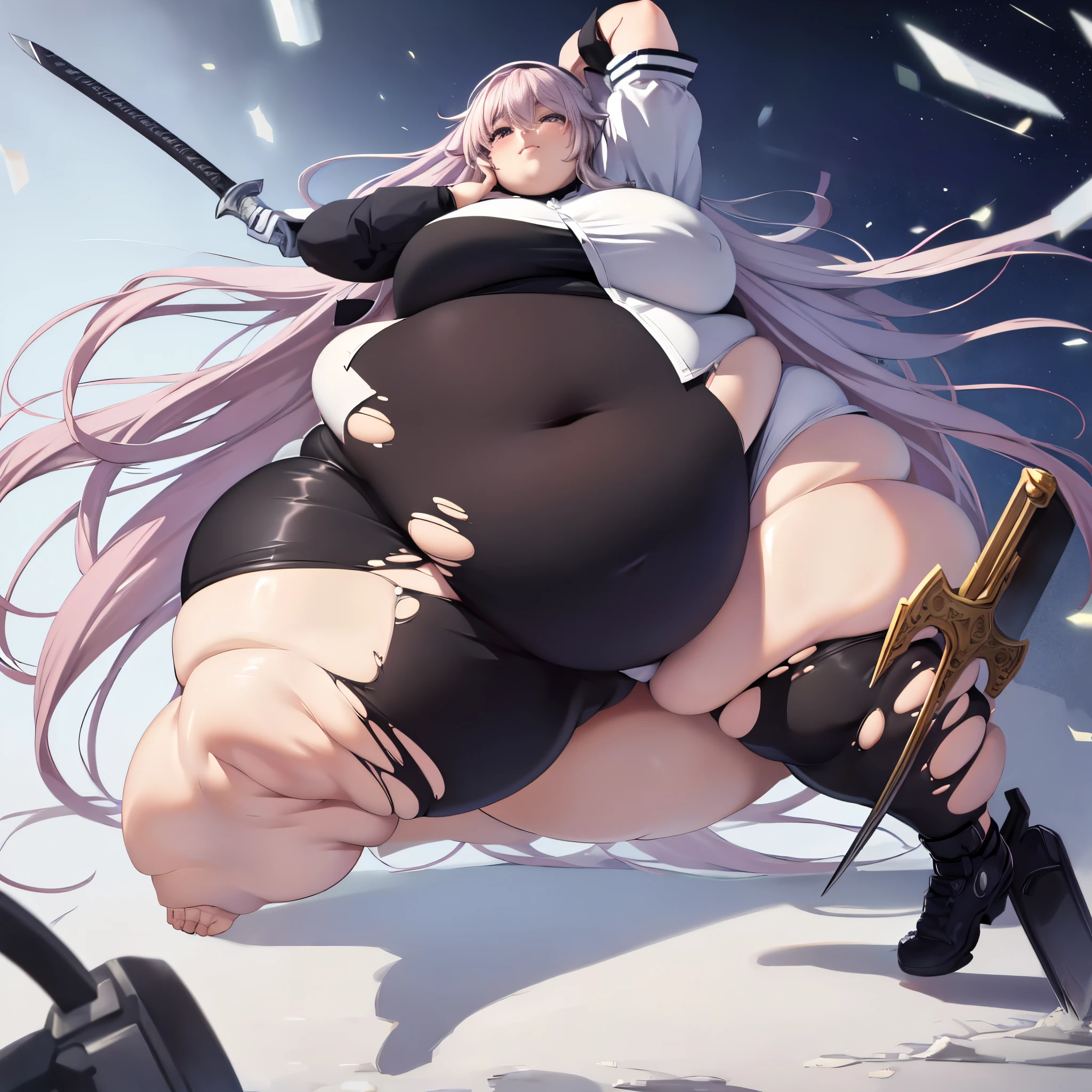 guy, male, man, white floor length hair, pinks eyes, black clothes, White shorts, sword, ((Large , round Belly)),(( Fat)) , ((wide Hips)),(( Fat butt)) ,(( thick thighs)), Torn Clothes, Clear Detailed face:1.4, ((Anatomically accurate body))