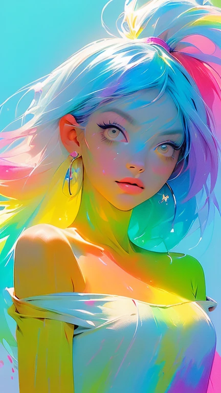 （Pink Fashion T-shirt：1.9），(Colorful hair: 1.8), (all the colours of the rainbow: 1.8),(((((vertical painting：1.6))), （painting：1.6），front, comics, illustrations, paintings, large eyes, crystal clear eyes,（ rainbow color gradient high ponytail：1.7）, exquisite makeup, closed mouth,(Small Fresh: 1.5),(Wipe Chest: 1.6) ，long eyelashes, white off shoulder T-shirt,  White Shoulder Shirt，looking at the audience, large watery eyes, (rainbow colored hair：1.6), color splash, （solo：1.8）, color splash, color explosion, thick paint style, messy lines, ((shining))，(colorful), (colorful), (colorful), colorful, Thick Paint Style, (Splash) (Color Splash), Vertical Painting, Upper Body, Paint Splash, Acrylic Pigment, Gradient, Paint, Highest Image Quality, Highest Quality, Masterpiece, Solo, Depth of Field, Face Paint,  colorful clothes, (Elegant: 1.2), gorgeous,long hair, wind, (Elegant: 1.3), (Petals: 1.4)，(((masterpiece))),(((best quality))),((ultra-detailed)),(illustration),(dynamic angle),((floating)),(paint),((disheveled hair)),(solo),(1girl) , (((detailed anima face))),((beautiful detailed face)),collar,bare shoulders,white hair, ((colorful hair)),((streaked hair)),beautiful detailed eyes,(Gradient color eyes),(((colorful eyes))),(((colorful background))),(((high saturation))),(((surrounded by colorful splashes))),