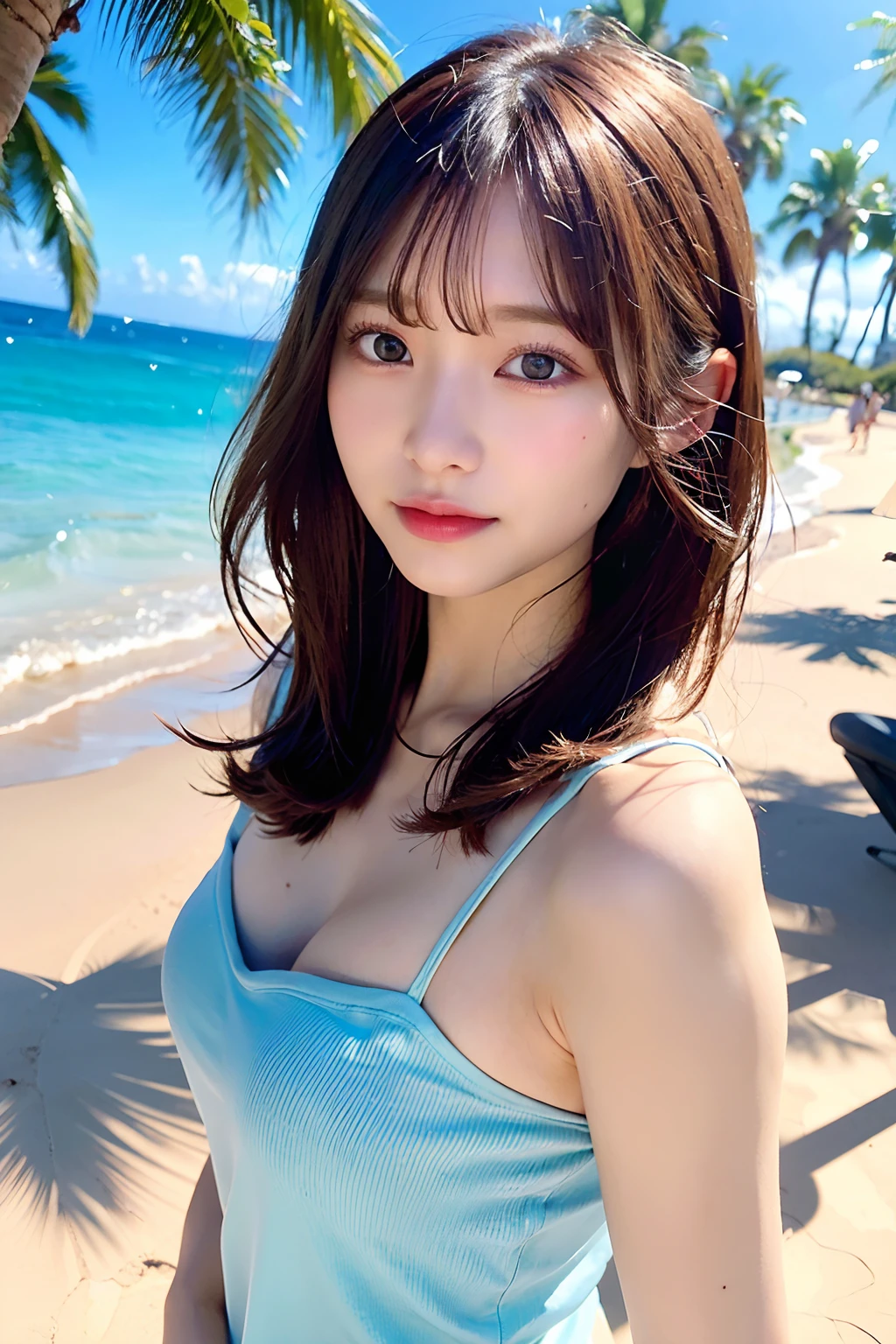 (top-quality、8K、32K、masuter piece、nffsw:1.2)、profile、(slim figure:1.2)、(s lips) 、二重まぶた、shinny skin、Realistic rays、mare、beauitful face、(Light smile:1.3)、(short-hair:1.4)、blurry backround、(Front Focus)、(Dark: 1.6)、Fantasy Art、photoRealstic、Professional Lighting、extra detailed face、Award-winning、deep-shadows、Summer beach、Seashell Bikini