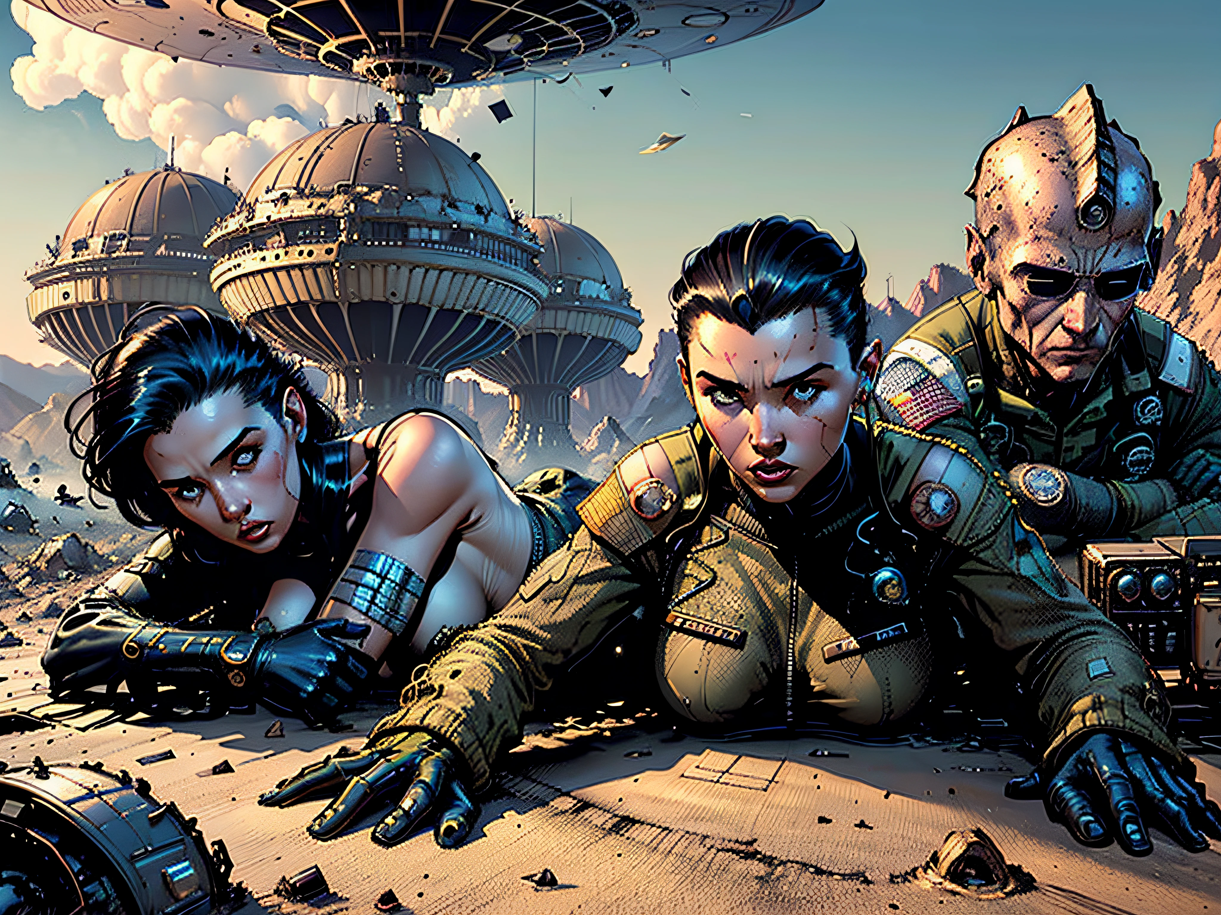 a big flying saucer crash on the side of a hill with Debris all over the crash site, Alien bodies on the floor, American soldiers on jeeps on the background