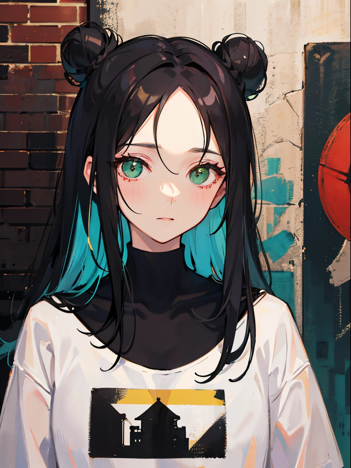 Hip Hop Fashion、Oversized clothes、high-level image quality、long black hair in two buns, Bangs up、Forehead is exposed.、A dark-haired、Green eyes、
Back alleys in New York、Brick wall、Street art graffiti on the wall、Dark Tone, Vibrant colors、Bust-up shot, Delicate drawing、
