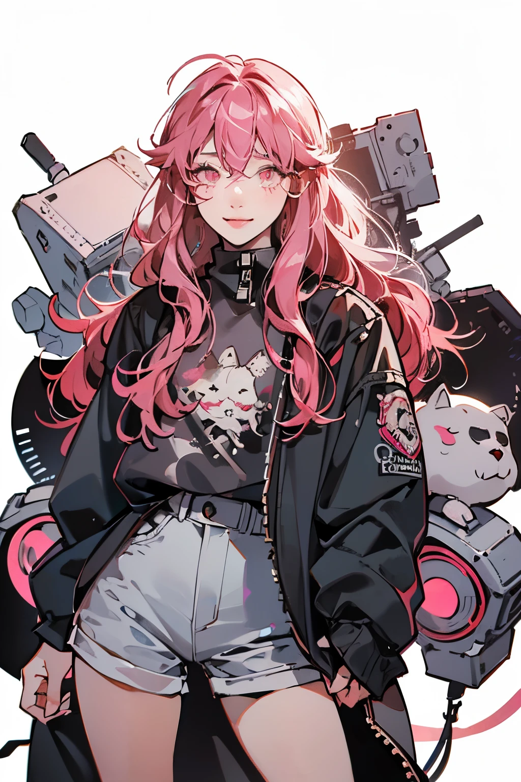 masterpiece , best quality , (white background), deep shadow , 1girl , solo , 20 year old girl , small breast:0.7,( Scarlet colored eyes)  , bright eyes  , waist length hair , bang hair , ( Carnation-pink colored hair  ) , ( long hairs:1.5), detail eyes , detail hair , wearing a (Space cadet colored Cropped damaged stitched sweater:0.7)  , punk style short , ulzzang short style , fake ripped short , (Cool gray colored short) , ( silver chain accessories for short pants  ), beautiful smile , confident demeanor , confident emotion , close one eye, close-up view , look to viewer