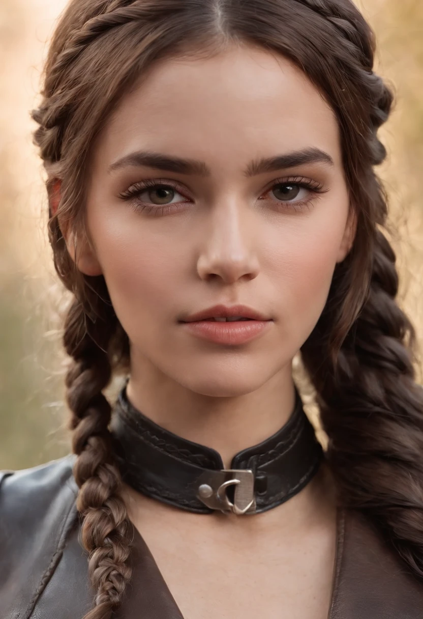 (masterpiece, best quality), deep ebony 1girl, Beautiful face, leather, braided hair, collar, boots,