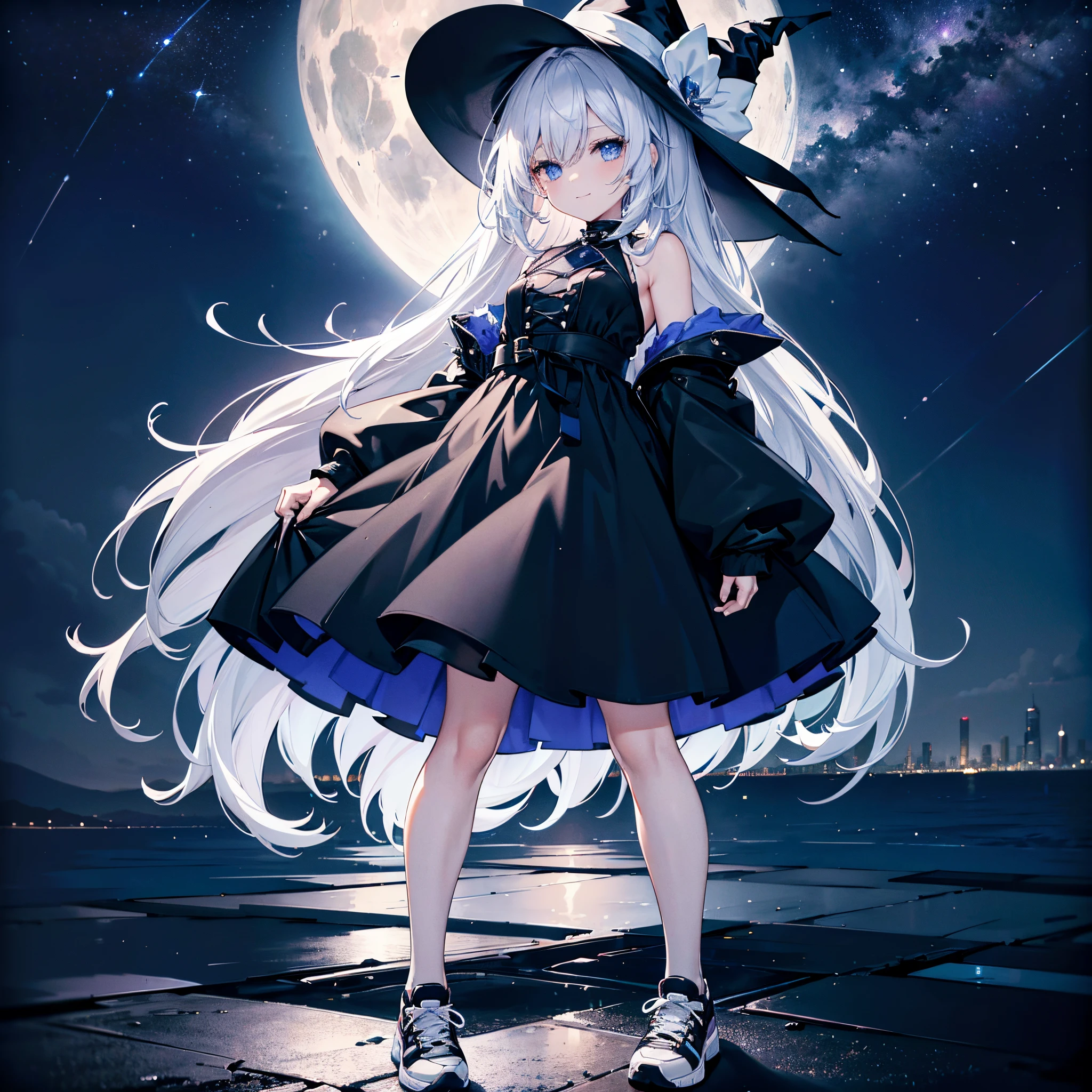 This is the roof of a skyscraper that is taller than other buildings in the middle of the night、midnight、this is a city、You can see a lot of low buildings behind you、Photograph her from above、deep in the night、Small moon and starry sky、You can see the beautiful sea with the moonlight reflecting in the distance.、One 27-year-old woman with small breasts、She wears a large black witch hat with sapphire accessories、White medium shorthair with blue-purple mesh、Pure white lobbed hair、Blue eyes with highlights、she is wearing a white camisole、She is wearing a long black coat over a white camisole、The front of the black long coat is open、She wears a black skirt、black knee-length box pleat skirt、Black sneakers with white shoelaces、small tits、discreet breasts、A fragile smile、hiquality、High Details、high-level image quality、4K picture quality、beatiful backgrounds,drawn by Japanese ilastrator