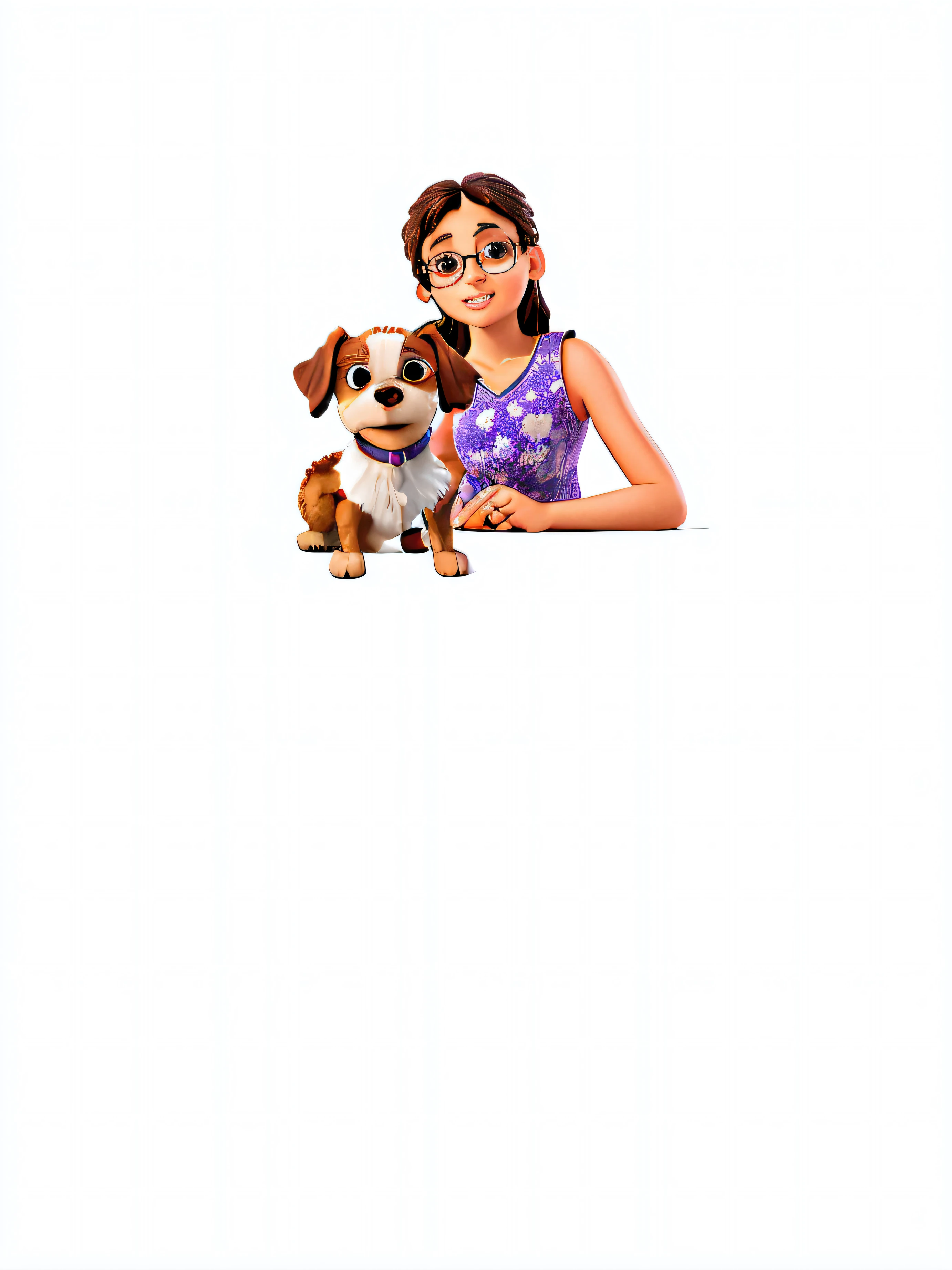 Brazilian girl with glasses and shitzu dog in white and brown color with a lilac background