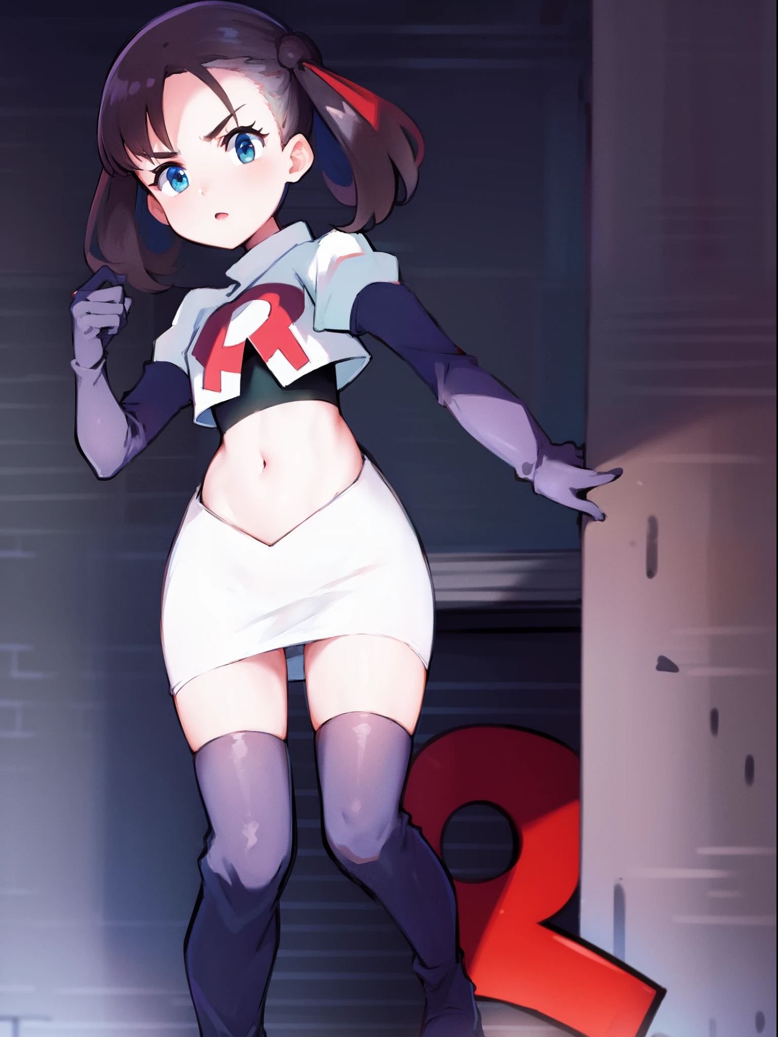 pokemonmarnie,team rocket,team rocket uniform,white skirt,crop top,black thigh-high boots,black elbow gloves,