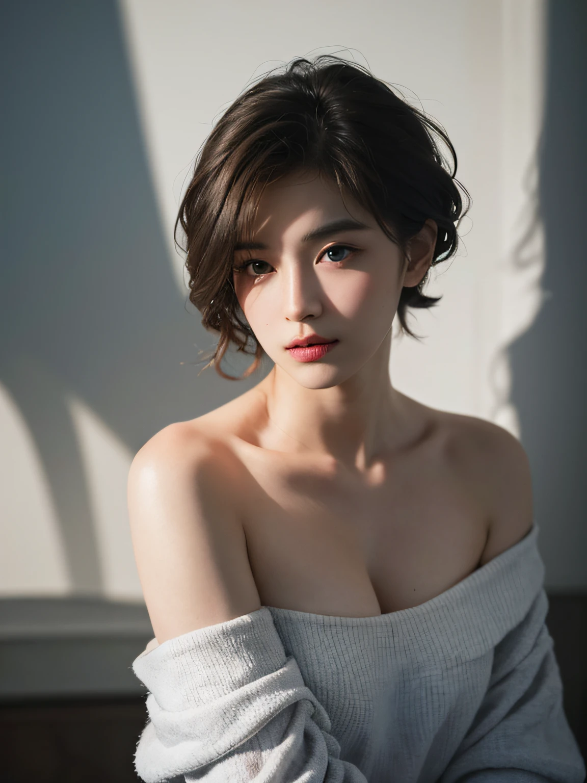 best quality, masterpiece, Ultra-high resolution, (Reality:1.5), RAW photos, 1 Girl, Off-shoulder, in the darkness, Deep Shadows, Low profile, Cold Light, Sexy look, short hair,xxmixgirl,Inlet, Half-length photo,National Foundation