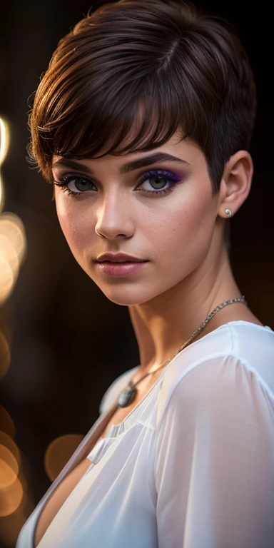 Photo of a -yeld Euean girl, .RAW, beautiful woman,pecas en mejillas ,hermosos ojos azules(Light brown hair pixie haircut),corte de cabello pixie ((retrato)), ((Cara detallada:1.2)), ((Detailed facial features)), (Piel finamente detallada), Pale skin, cuarto de hotel de lujo , ropa reveladora, ropa sexy ,senos grandes , pechos grandes, Loose white belt, Long boots with heels ,lindo maquillaje, Purple eyeshadows on eyelids ,Un sexy(cool color), humid, humid, Reflectores, (Masutepiece) (proporciones perfectas)(fotos realistas)(La mejor calidad) (Detallado) fotografiado con una EOS R5 de Canon, Lente de 50 mm, f/2.8, NffSW, (8k) (papel tapiz) (cinematic lighting) (Dramatic lighting) (foco nítido) (Enrevesado) , Pose sugerente , mirada seductora