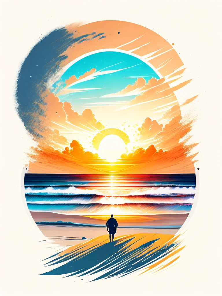Sunset on the beach, white sand, epic composition, t-shirt design, rzminjourney, vector art