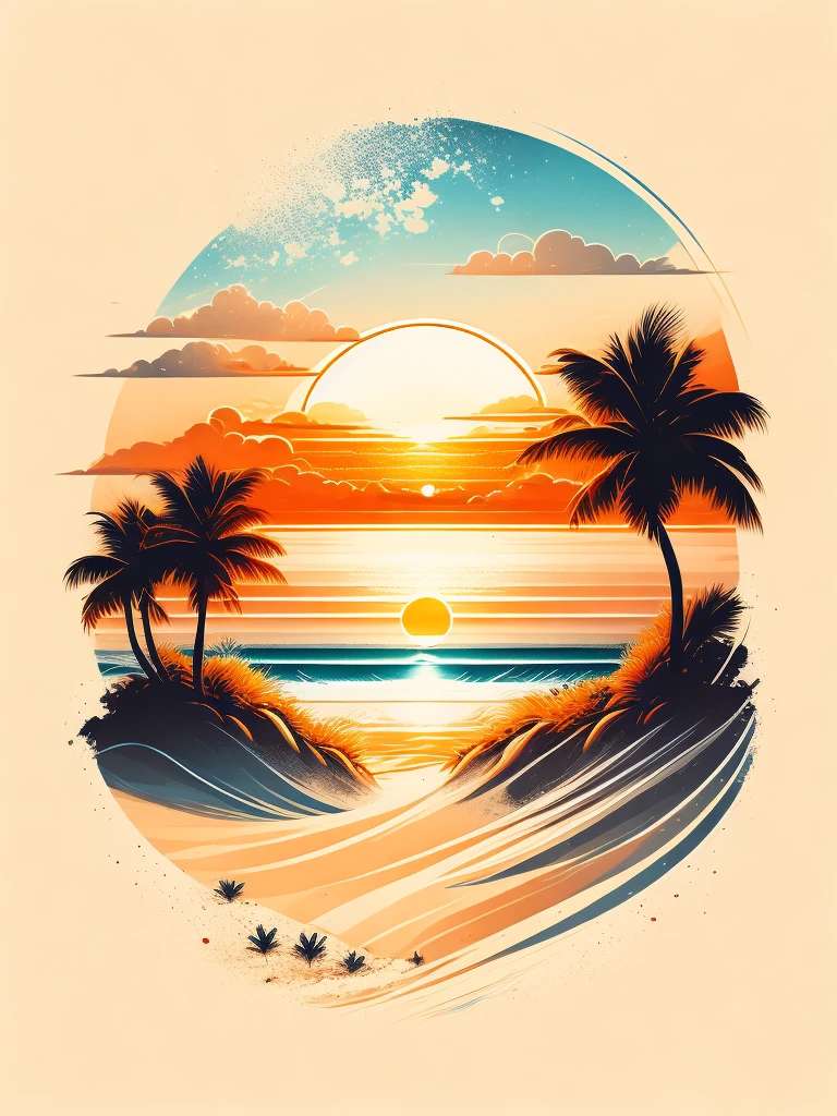 Sunset on the beach, white sand, epic composition, t-shirt design, rzminjourney, vector art