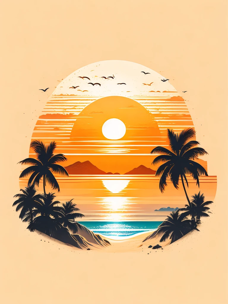 Sunset on the beach, white sand, epic composition, t-shirt design, rzminjourney, vector art