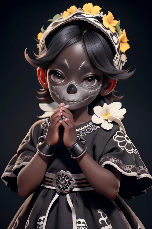 master part, best quality, Rosto detalhado, (Olhos detalhados), detailed hands, um menino negro sorrindo com (sugar skull makeup), Mexican Indigenous Dress, Flowers headband, segurando um altar (vela)