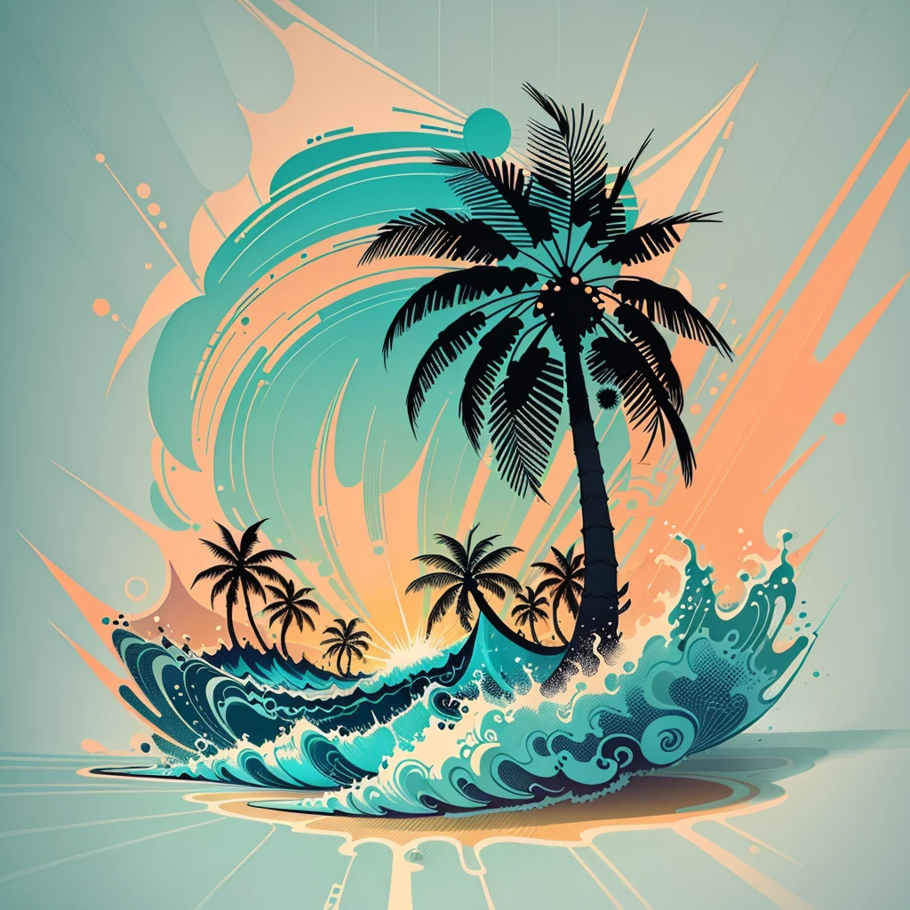 2d vector illustration, tshirt design for summers, palm trees, (surf: 1.1), (combi), sunrays, (best quality, masterpiece: 1.3), minimalist, (8 colors)