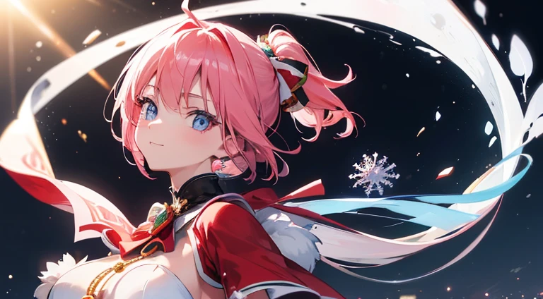 ((Ultra-detailed)), (top-quality),((masterpiece)), ((Super exciting)), ((8K)), ((extremely clear)), ((Very sophisticated)), (Anime quality), (3D), upper body, Japanese girl, a baby face, Pink hair, Short ponytail, Hair Ribbon, Ahoge, drooping eyes, Blue eyes, Clear eyes, long eyelashes, Thin eyebrows, Beautiful breasts, a smile, closing mouth, cheek flash, White sigh, Clear Body, Clear eyes, Light shines in, gleaming, shiny glistening, natural skin texture, shine face, Dancing Snow, Emphasize the face, dynamic angle, looking at viewers, detailed face description, at night, winter snowing, look from side, Santa Claus, Santa Claus costume, giving  present boxes, Christmas, at night, dark background, dark residential street background, midriff-baring, low angle, waist up
