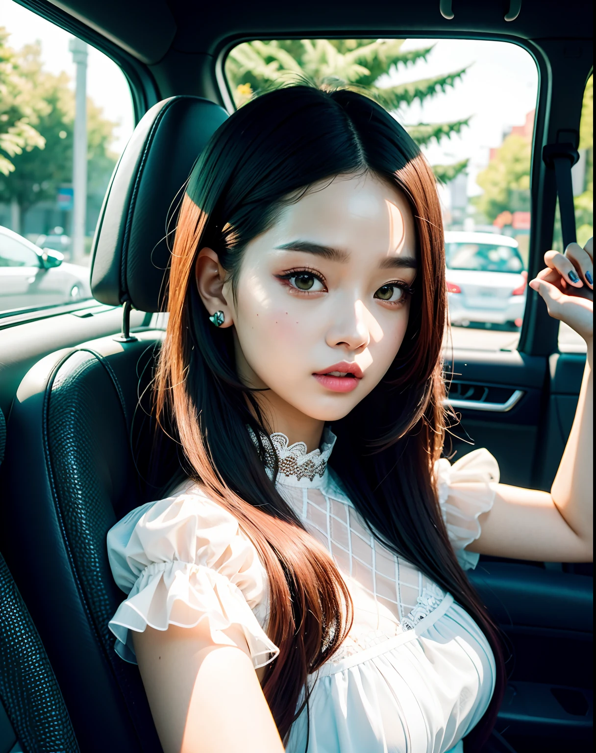 Garota coreana com longos cabelos loiros e olhos verdes claros, She is wearing a white transparent lace top and has some accessories in her hair.. She is in the car posing for a selfie, jang wonyoung minju kim jennie blackpink jossi blackpink jisoo lisa blackpink, kim yeri red velvet yerim irene seulgi