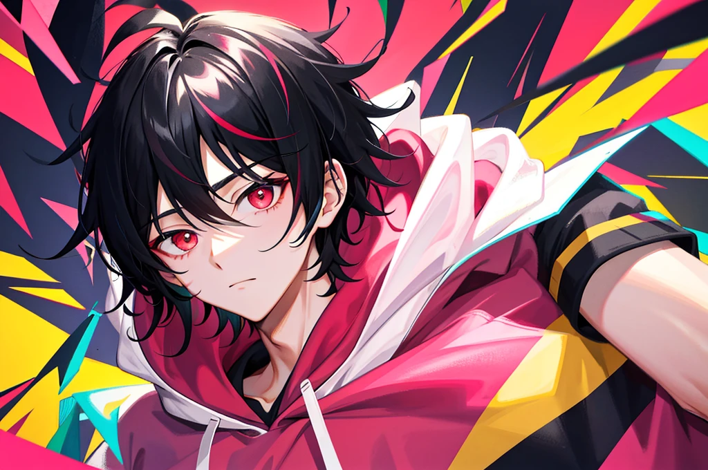 1 handsome boy, black hair, coma hair, coma hair, korean hair, red eyes, street style, gradattion hoodie pink yellow, collor full background, shiny, viewing viewer, upper body