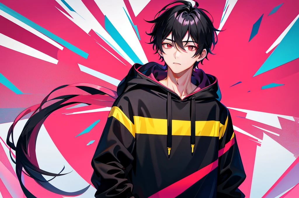 1 handsome boy, black hair, coma hair, coma hair, korean hair, red eyes, street style, gradattion hoodie pink yellow, collor full background, shiny, viewing viewer, upper body