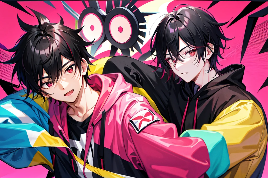 1 handsome boy, black hair, coma hair, coma hair, korean hair, red eyes, street style, gradattion hoodie pink yellow, collor full background, shiny, viewing viewer, upper body