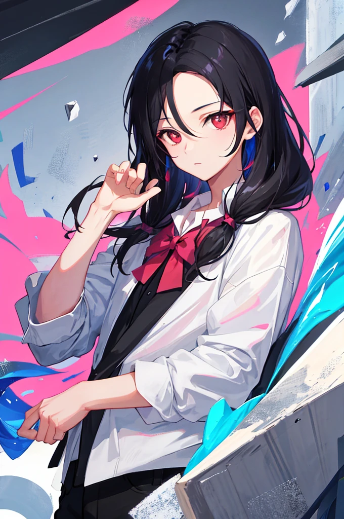 1 boy, handsome boy, black hair, comma hair, forehead comma hair, korean hair, Red eyes, pink and blue splash, looking at viewer, upper body