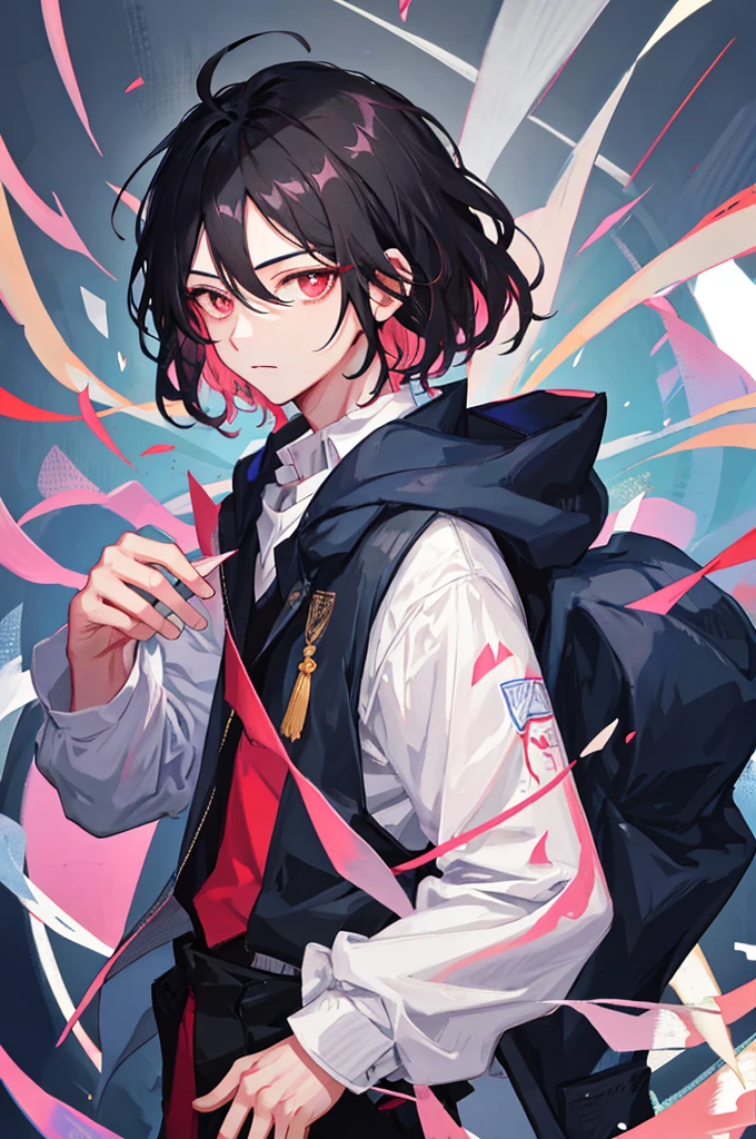 1 boy, handsome boy, black hair, comma hair, forehead comma hair, korean hair, Red eyes, pink and blue splash, looking at viewer, upper body