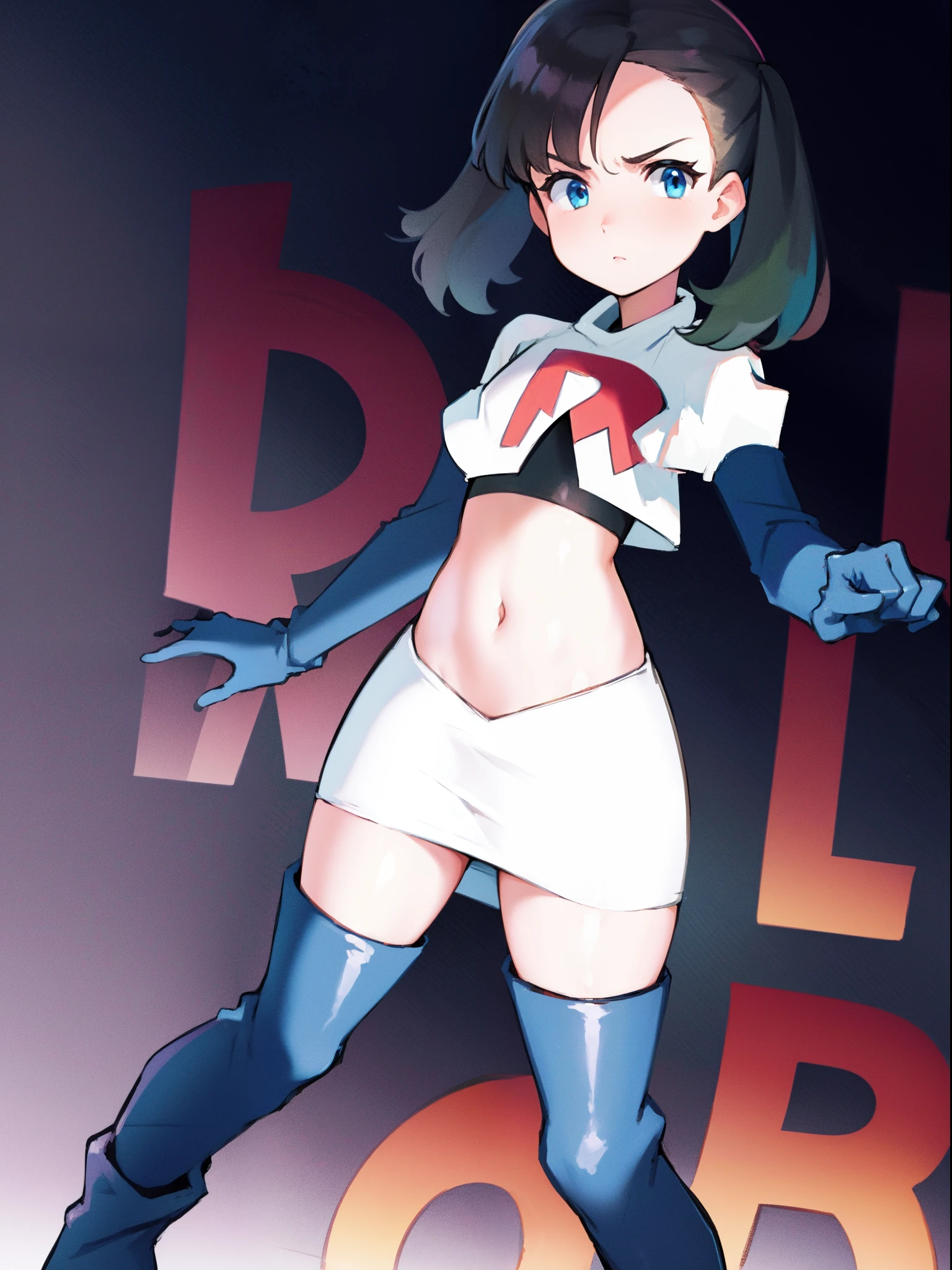 pokemonmarnie,team rocket,team rocket uniform,white skirt,crop top,black thigh-high boots,black elbow gloves,