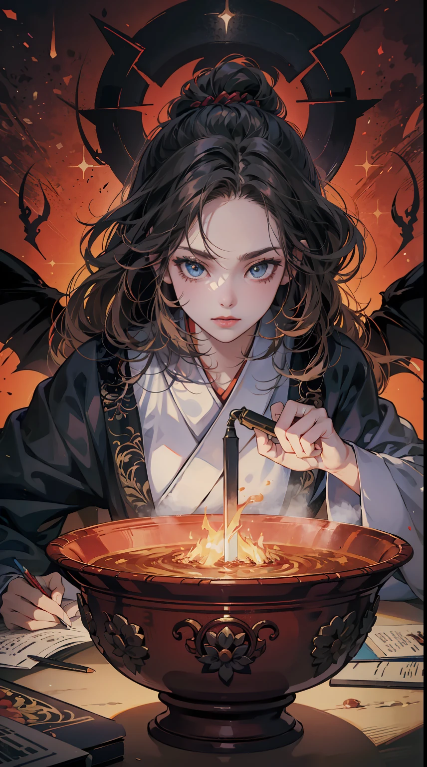 (On the table, Absurd quality, Highest quality, offcial art, Beautiful and beautiful: 1.2), (A woman who is: 1.4), The is very detailed, (s fractal art: 1.3), Colorful, It is better to be detailed, Demon Sword Holder, (frontage::1.3), action painting style, Dark gray and red, Arranged by Anjie, Japanese cartoon, dark and chaotic, hyper detailed illustration, Eyes wander
