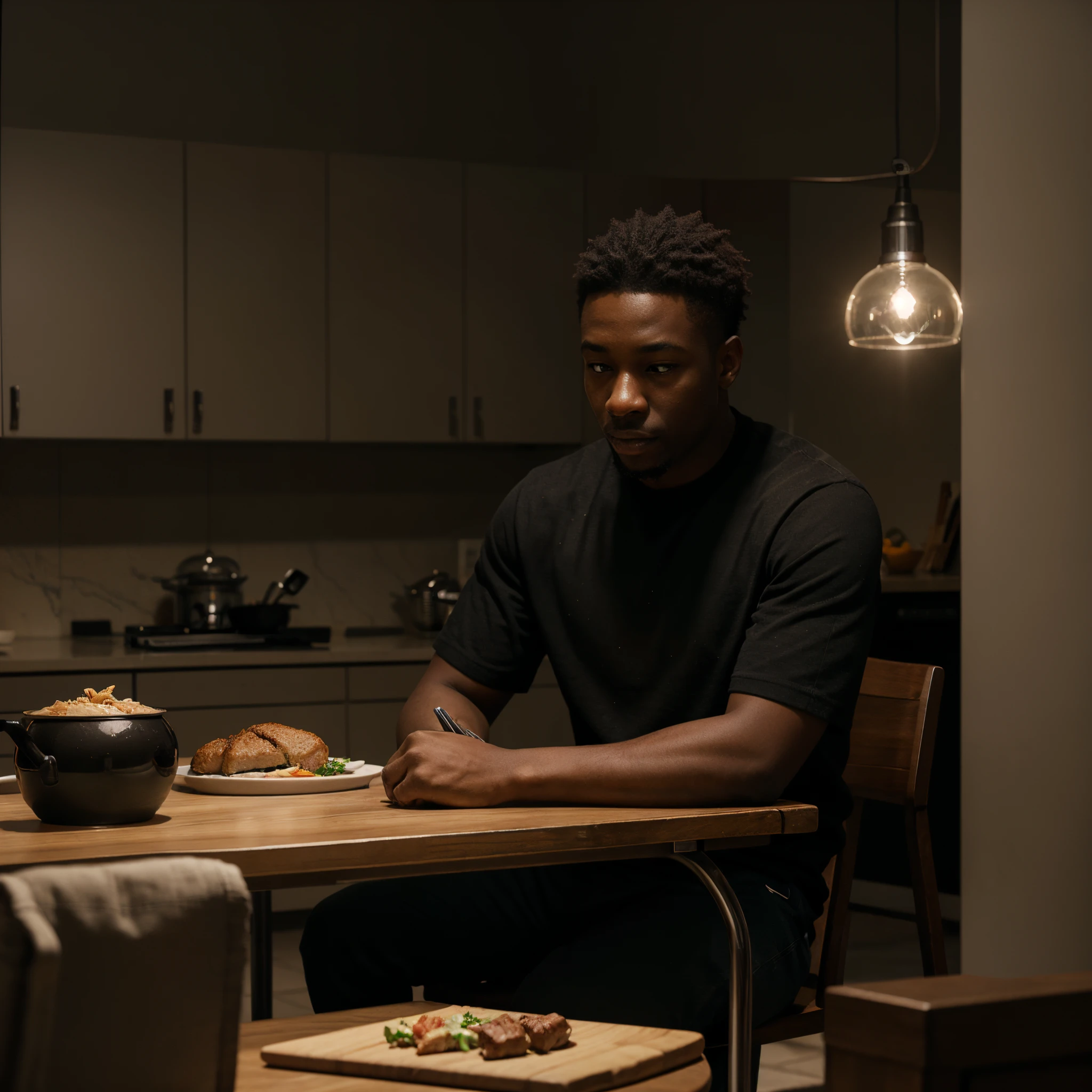 A black young boy sitting at the dining table doing homework with his black dad in the kitchen preparing a meal, cinematic lighting, 32k, ultra HD, unreal engine rendered, hyper-realistic image, artgerm style
