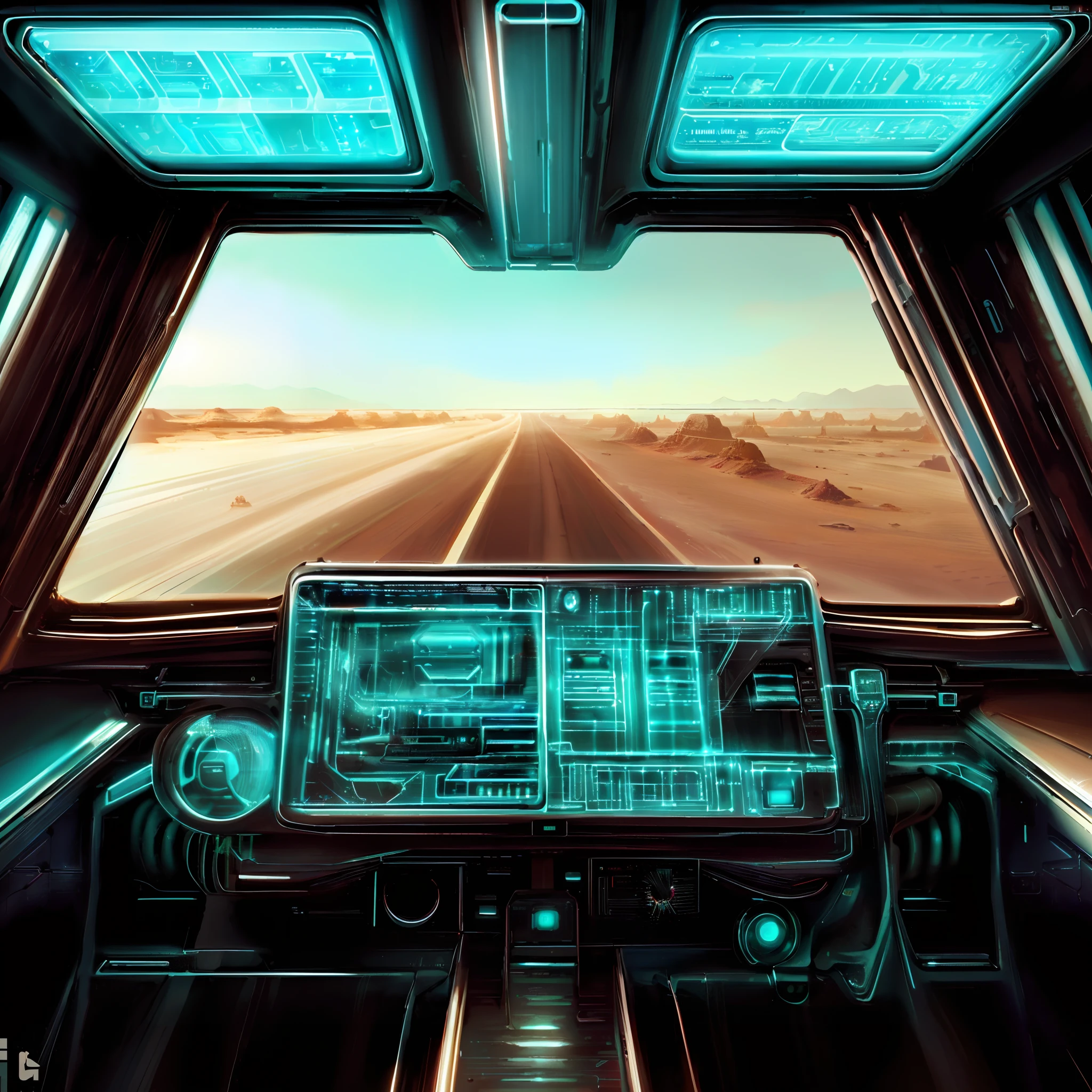 a close up of a car dashboard with a view of a desert, retrofuturistic digital painting, futuristic digital painting, sci-fi digital painting, sci fi digital painting, sci-fi digital art illustration, cybertruck, sci-fi digital art, futuristic digital art, detailed digital concept art, dan mumford. octane render, sci-fi illustration