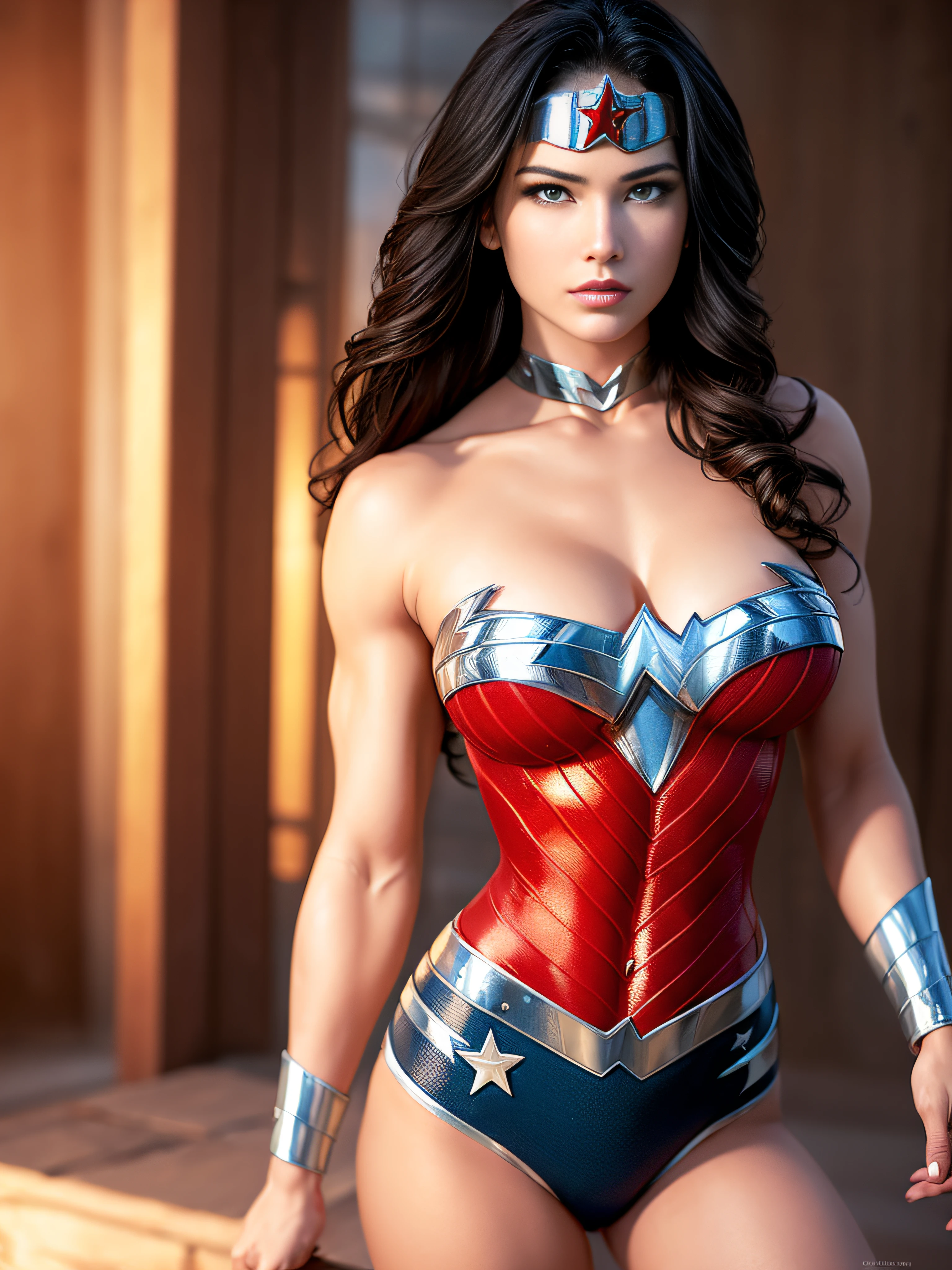 Sexy beautiful Wonder Woman (New 52) . portrait photography by artgerm, in the style of realism, glistening skin, cartooncore, mangacore, natural lighting, Defined full lips. fitness feminine body full body