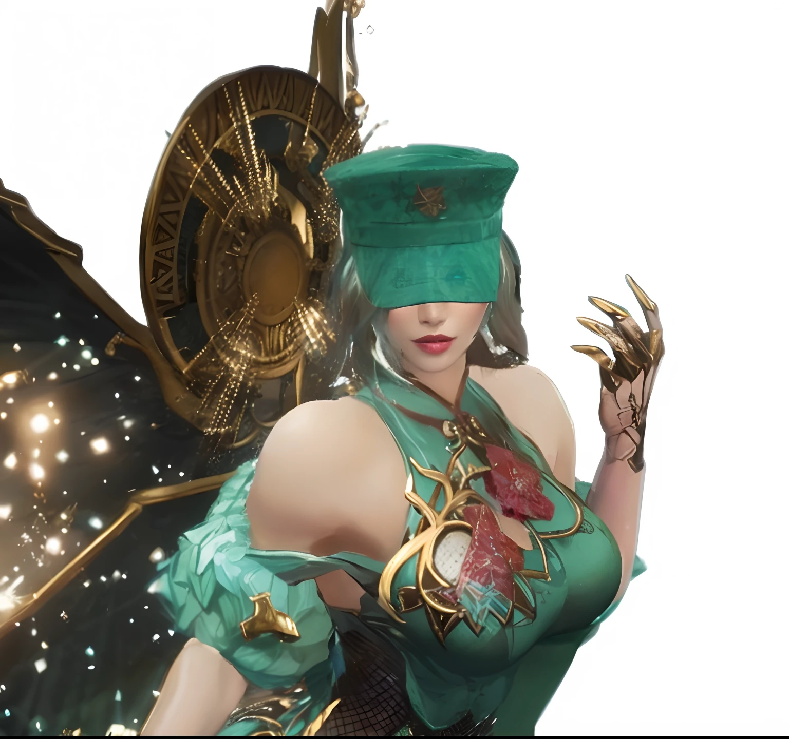 a close-up of a woman in a green dress and hat, 8k octae renderizar foto, clothes themed on a peacock mage, render divino, tiro extremamente detalhado da deusa, cosplay ornamentado, mas a armadura cobre seu rosto, ornate bikini armor, pele azulada, sedutora mulher mesmer, with a weird hat, octante render, 8k detalhe insano