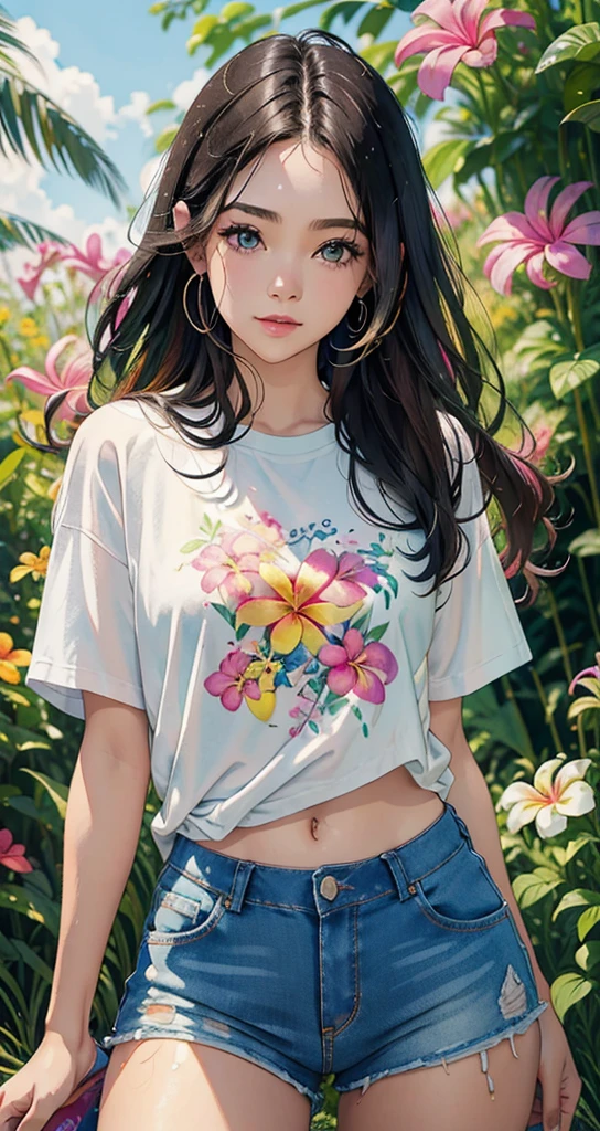 Pintura de Plumeria com fundo respingado e efeito de tinta spray, Directed by: Adam Hughes, Camiseta Plumeria Flower Design e shorts jeans, Centro da parte superior do corpo, cabelos multicoloridos, olhos fechados, grande sorriso feliz, arte em aquarela,  pintura em aquarela, estilo de pintura em aquarela, arte detalhada em aquarela, pintura digital em aquarela, Tinta aquarela, Aquarela soberbamente detalhada, arte em aquarela，Uma dama japonesa，18 anos