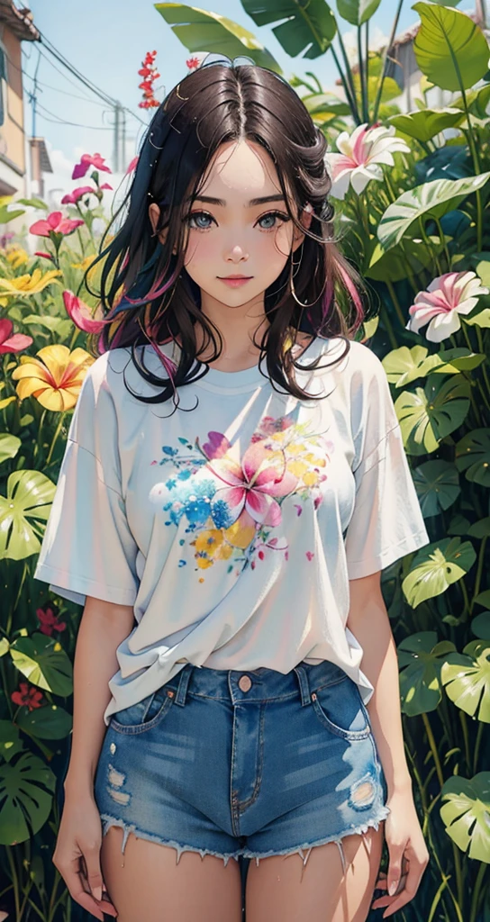 Pintura de Plumeria com fundo respingado e efeito de tinta spray, Directed by: Adam Hughes, Camiseta Plumeria Flower Design e shorts jeans, Centro da parte superior do corpo, cabelos multicoloridos, olhos fechados, grande sorriso feliz, arte em aquarela,  pintura em aquarela, estilo de pintura em aquarela, arte detalhada em aquarela, pintura digital em aquarela, Tinta aquarela, Aquarela soberbamente detalhada, arte em aquarela，Uma dama japonesa，18 anos