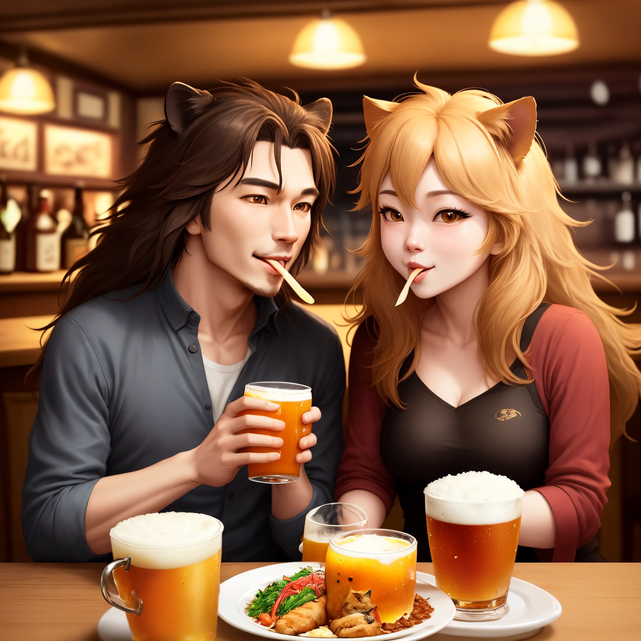 A gentle anthropomorphic lion and a cute anthropomorphic cat happily eating at a pub。animesque