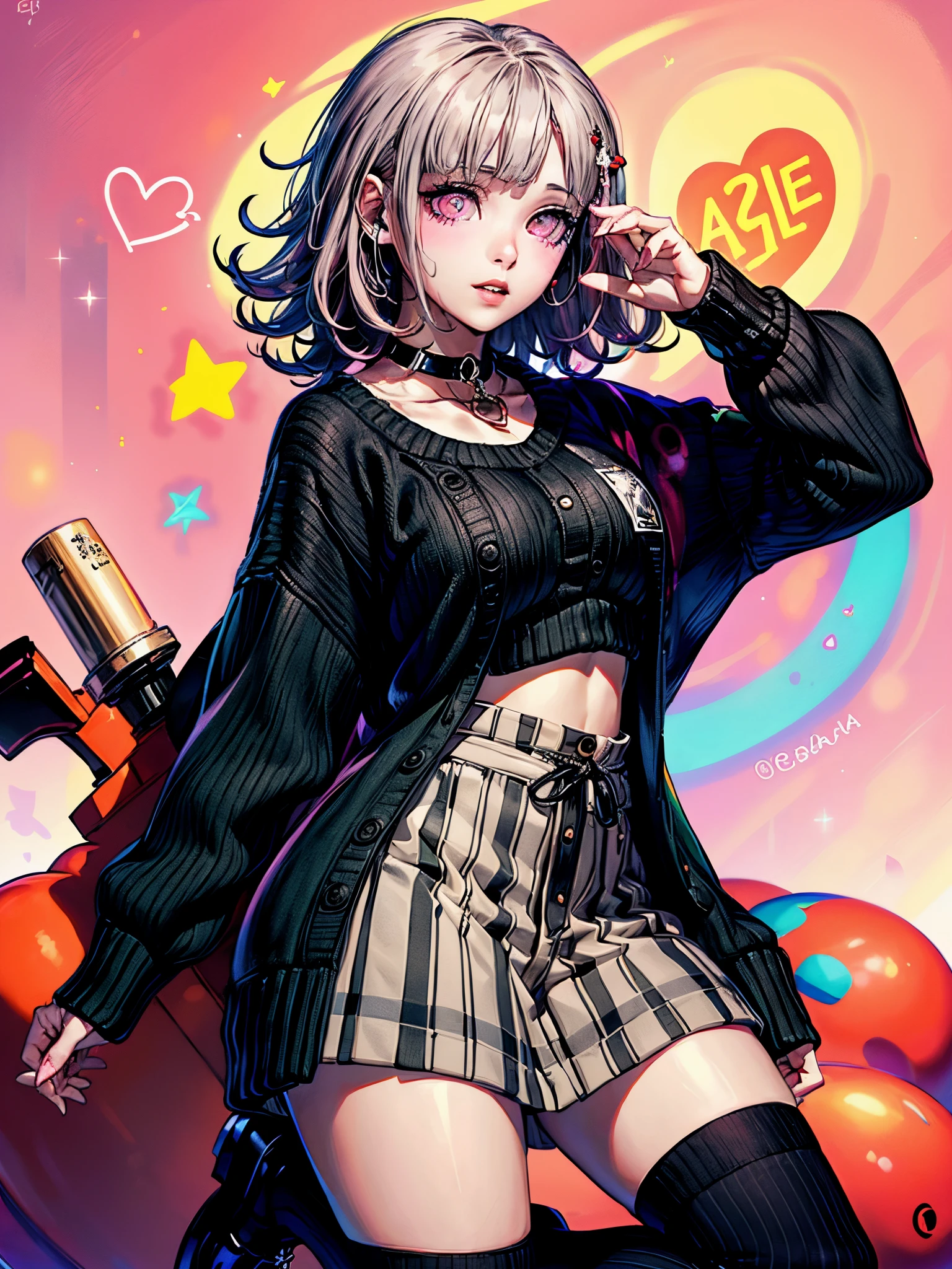 Chiaki nanami en una rave, mirando al espectador con una sonrisa seductora, confiado, club nocturno, Neon lights, Pelo corto rosa, ojos rosados, flequillo, Traje de e-girl, (((Recortar arriba, oversized sweater, falda a cuadros, Bota de combate negra, delineador de ojos alado, Heart-shaped seal, gargantilla, cadena de correa))), 20 yrs old girl,Chiaki Nanami, Nanami Chiaki