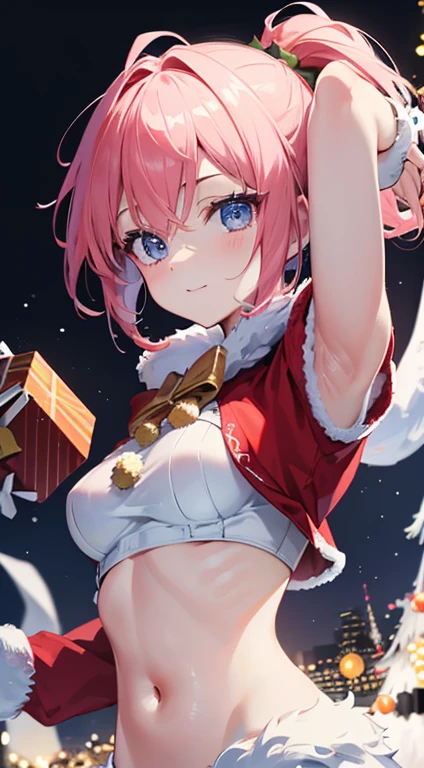 ((Ultra-detailed)), (top-quality),((masterpiece)), ((Super exciting)), ((8K)), ((extremely clear)), ((Very sophisticated)), (Anime quality), (3D), upper body, Japanese girl, a baby face, Pink hair, Short ponytail, Hair Ribbon, Ahoge, drooping eyes, Blue eyes, Clear eyes, long eyelashes, Thin eyebrows, Beautiful breasts, a smile, closing mouth, cheek flash, White sigh, Clear Body, Clear eyes, Light shines in, gleaming, shiny glistening, natural skin texture, shine face, Dancing Snow, Emphasize the face, dynamic angle, looking at viewers, detailed face description, at night, winter snowing, look from side, Santa Claus, Santa Claus costume, Santa Claus jacket, giving present boxes, Christmas, at night, dark background, dark residential street background, midriff-baring,