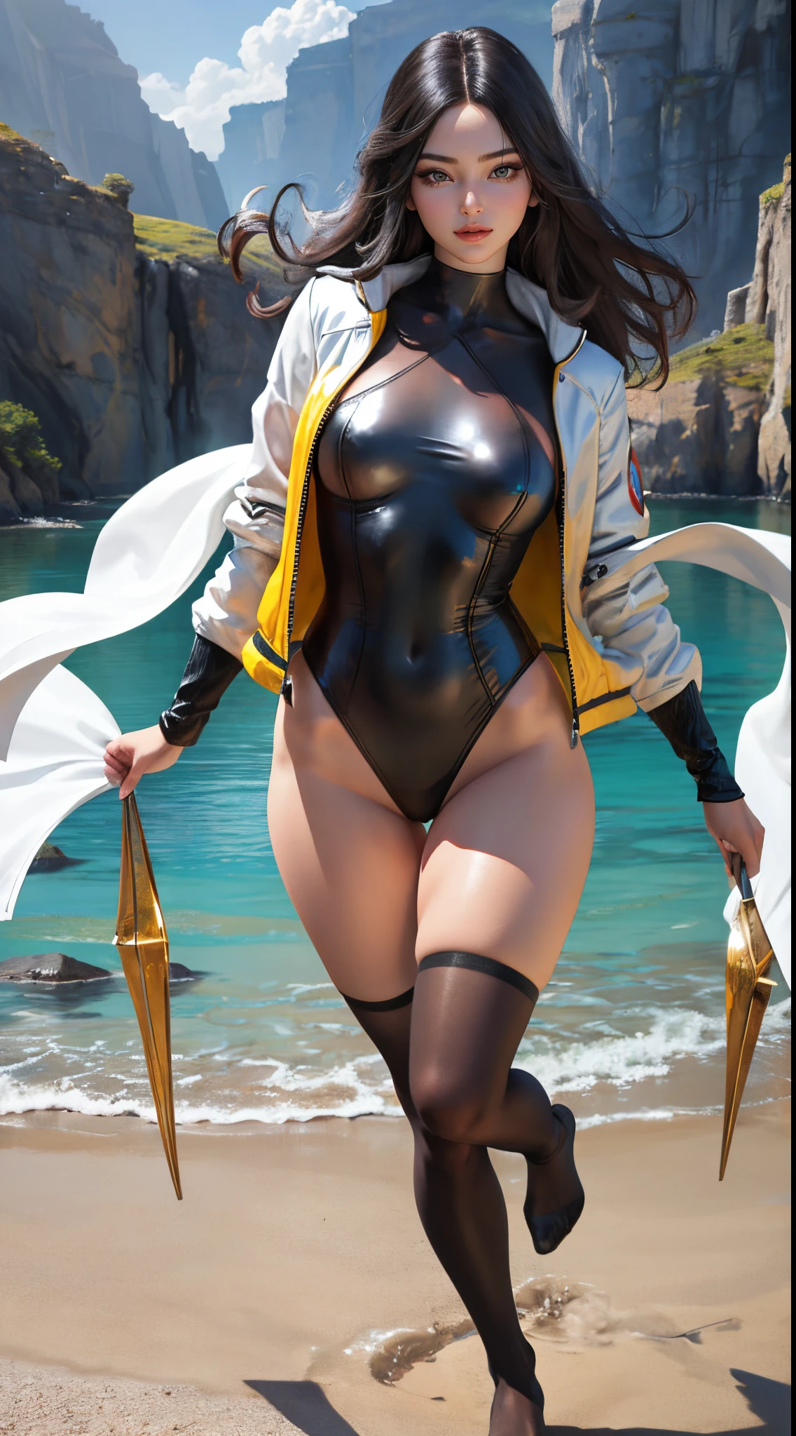 (masterpece:1.3),  (photorealistic:1.3),  (best quality:1.3),  8k,  uhd,  high resolution,  1girl,  ((large breats)),  best lighting,  best shadow,  looking at viewer, breasts focuss, best anatomy, dynamic pose, dynamic angle, pose, sexy, looking at viewer, ("leotard, fantasy,transparent ":1.2), ("kneehighs":1.1),(jacket , fantasy :1.1),fantasy costume, thigh, wind, fantastical