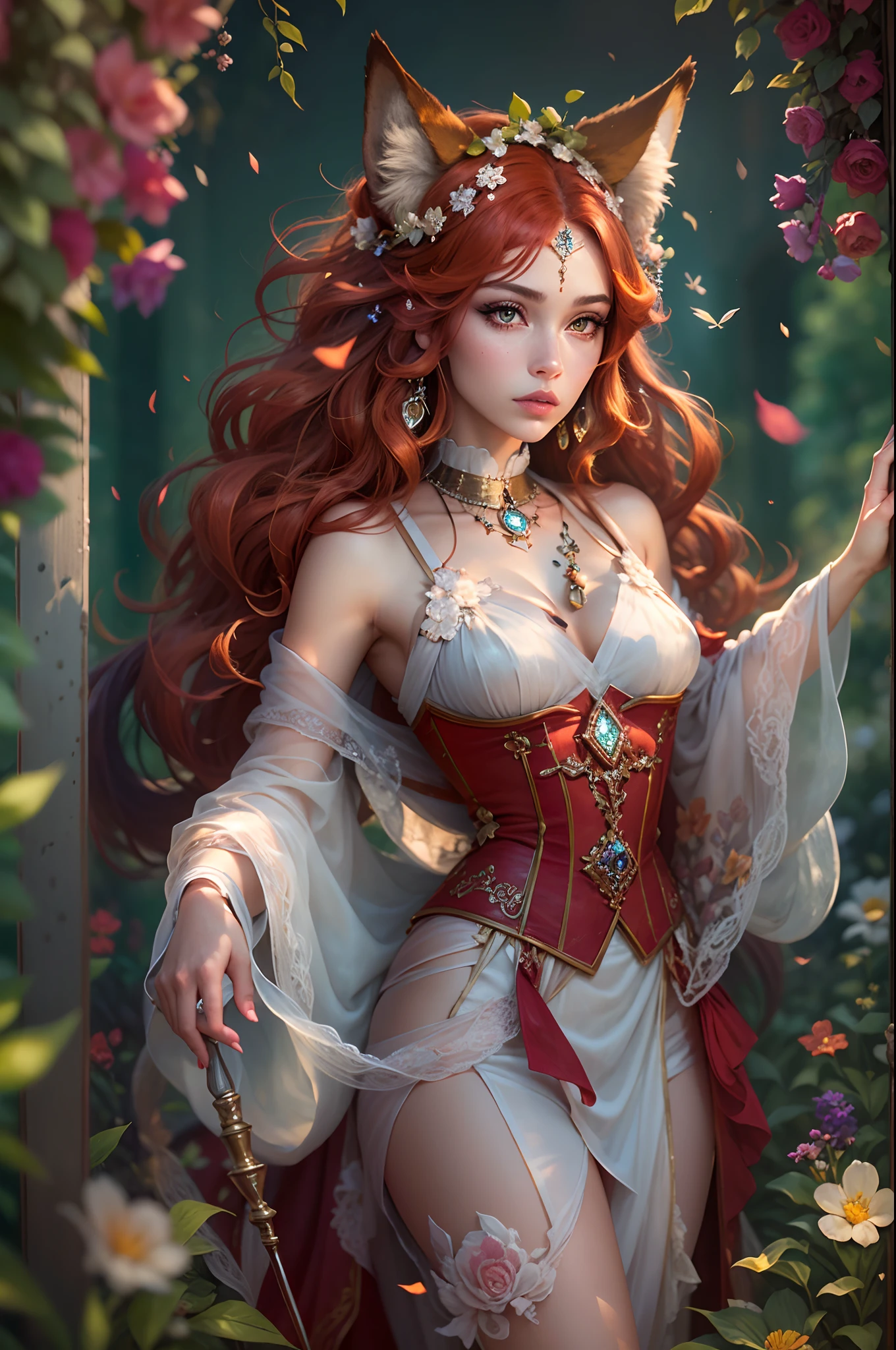 (Best Quality,hight resolution,Ultra-detailed),(Realistic,Photorealistic:1.37),red wolf girl,light skin,pouty lips,long eyelashes, redhead hair, wolf ears,silky transparent clothing,Masterpiece:1.2,in the count's garden,Jewelry,Floral accessories, hyper realisitc, Brave, ultradetail, Masterpiece, rays and glare of the sun, shimmer, glistering, Glitter"