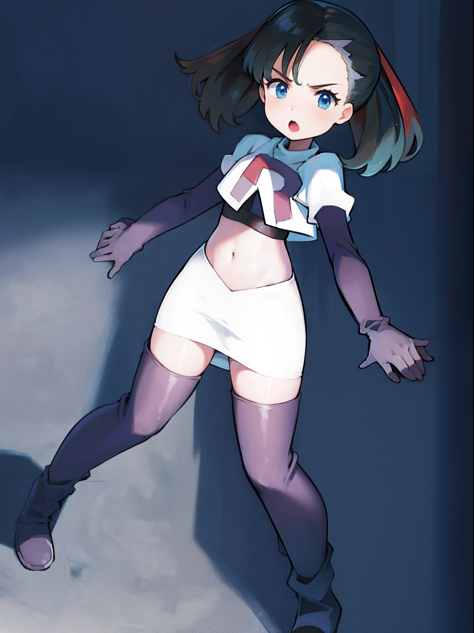 pokemonmarnie,team rocket,team rocket uniform,white skirt,crop top,black thigh-high boots,black elbow gloves,