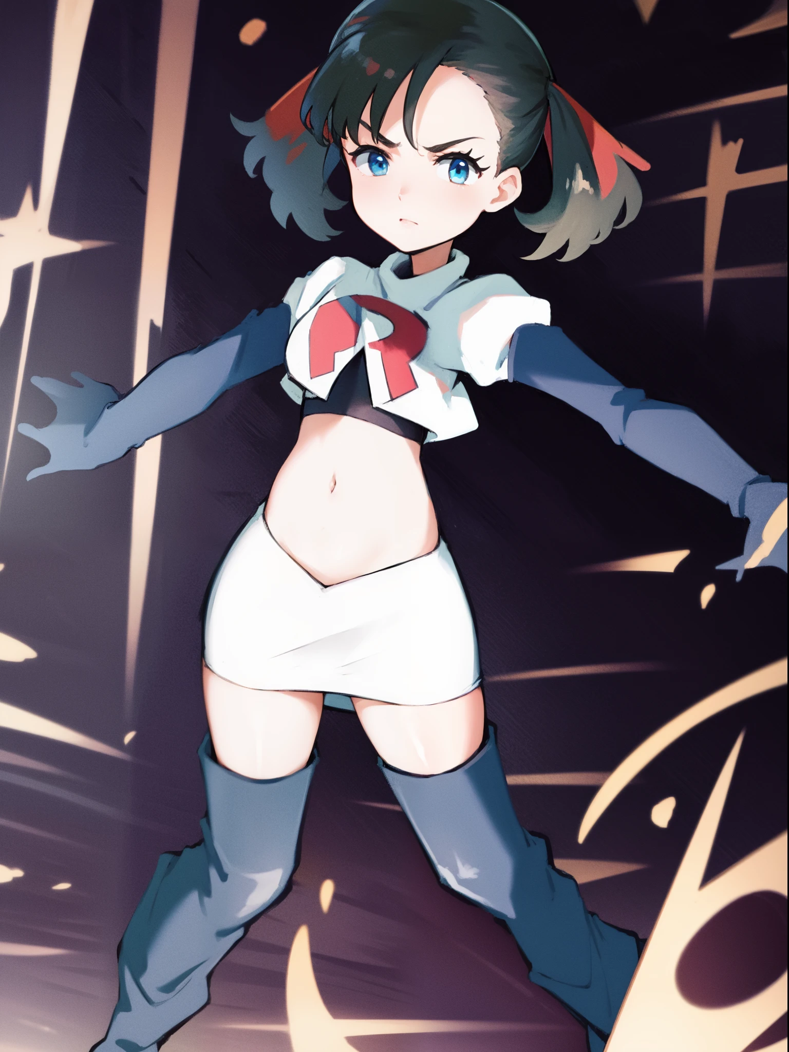 pokemonmarnie,team rocket,team rocket uniform,white skirt,crop top,black thigh-high boots,black elbow gloves,