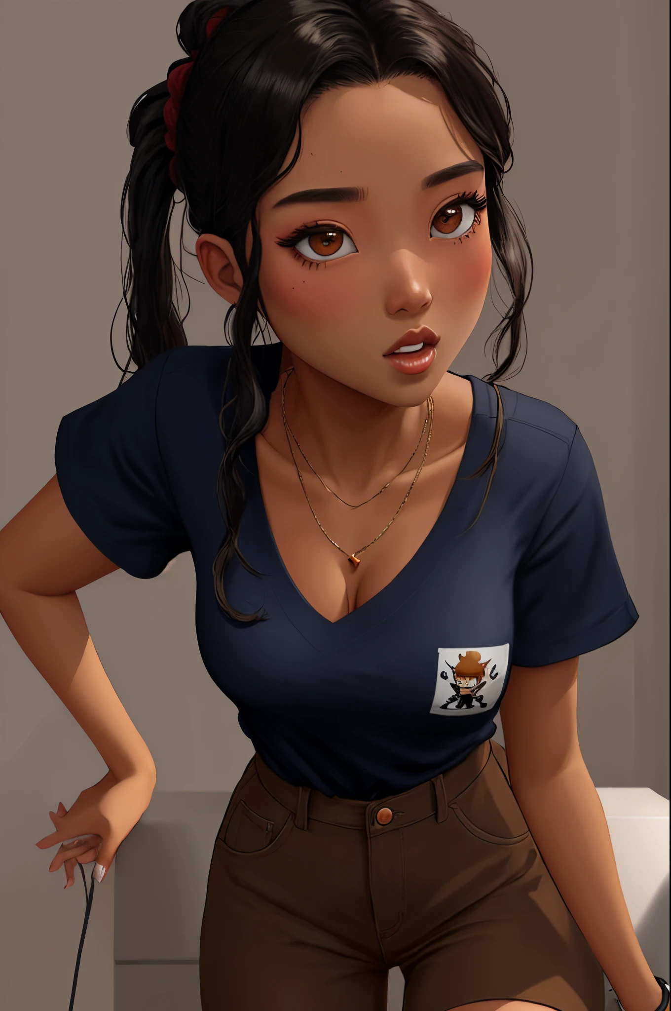 Avatar roblox girl with Messy Influencer brown skin with black short sleeve shirt